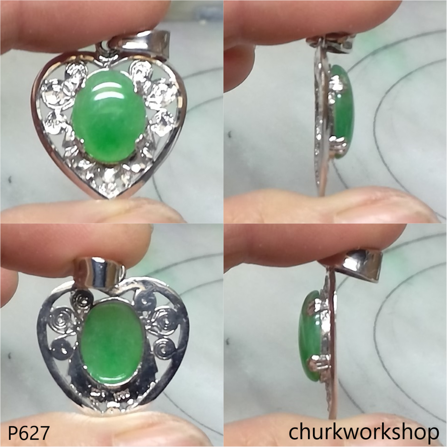 Green jade cabochon 24K white gold pendant