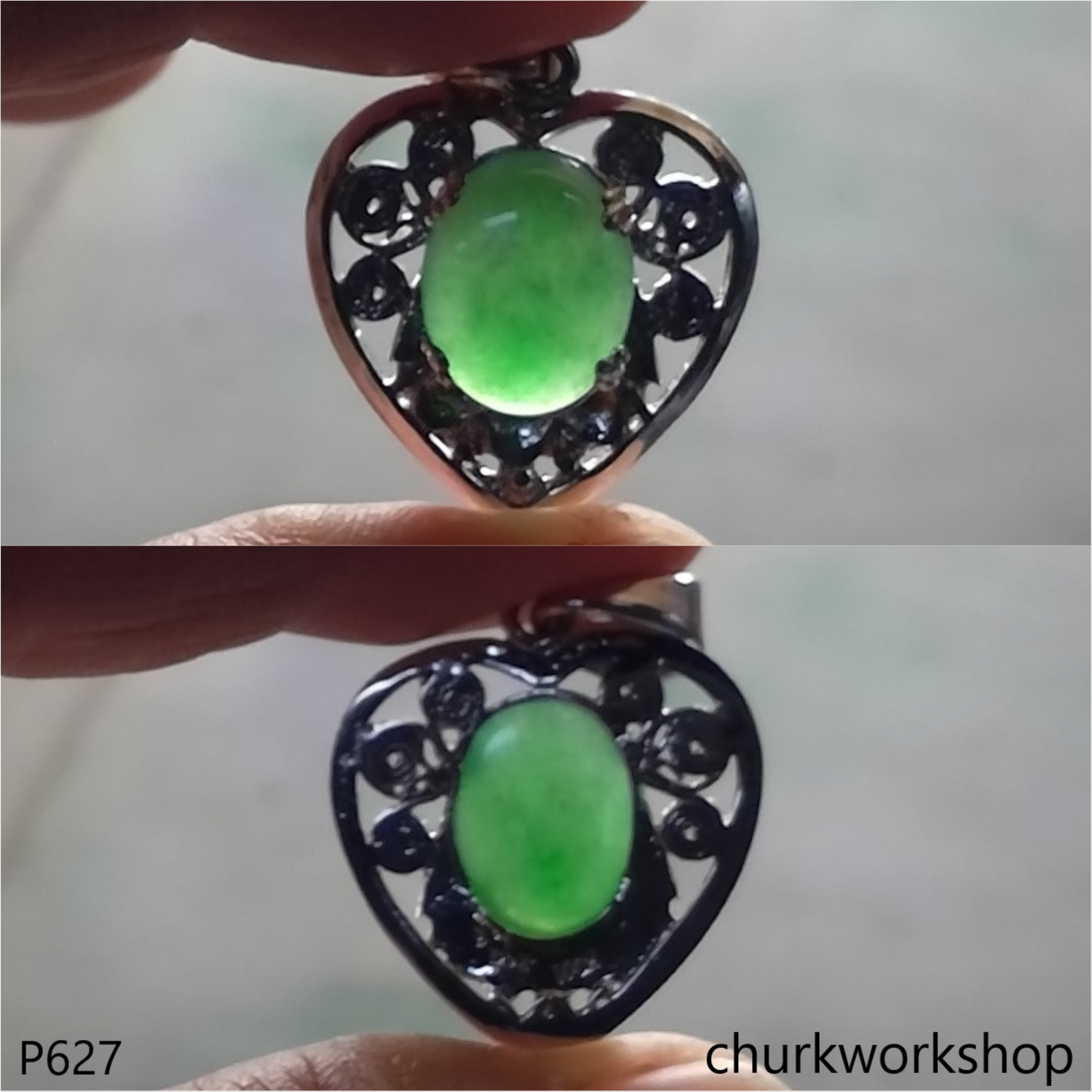 Green jade cabochon 24K white gold pendant