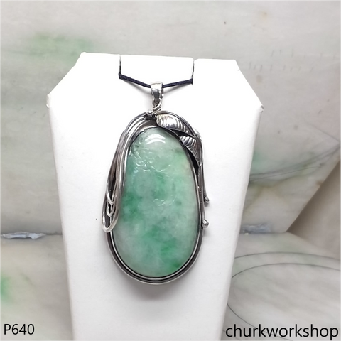 Large green jade silver pendant