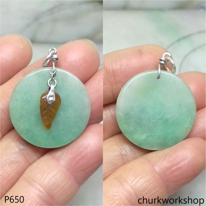 Light green round jade with dangling red leaf pendant