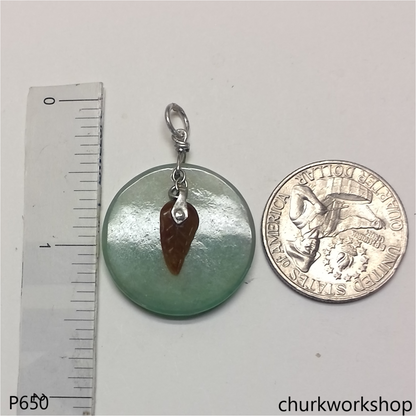 Light green round jade with dangling red leaf pendant