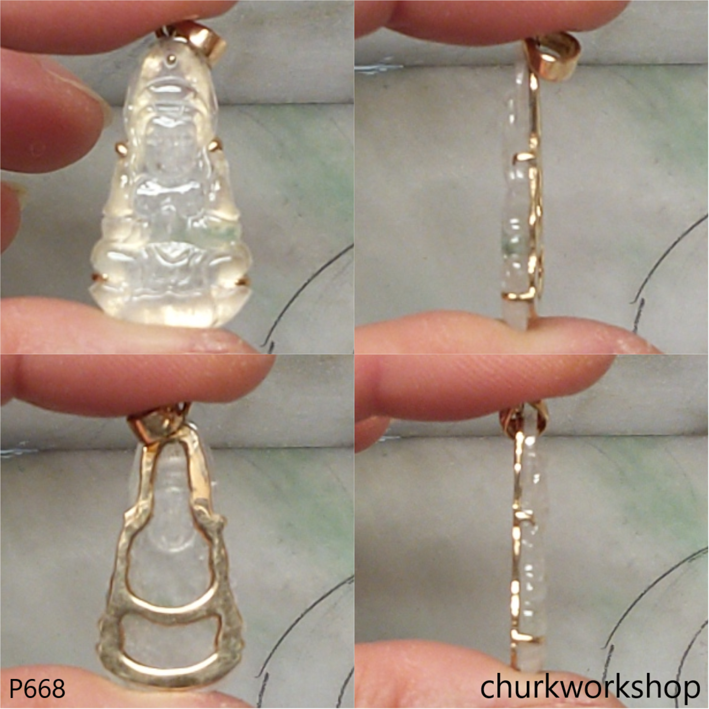 Icy jade lady Buddha set with14K yellow gold