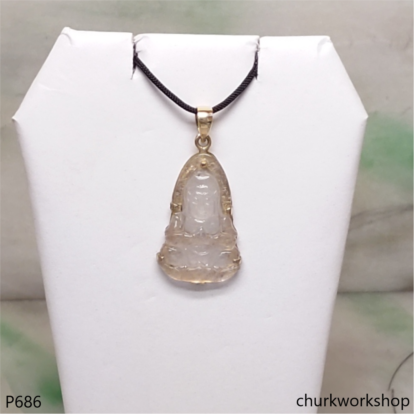 Icy jade lady Buddha set with14K yellow gold