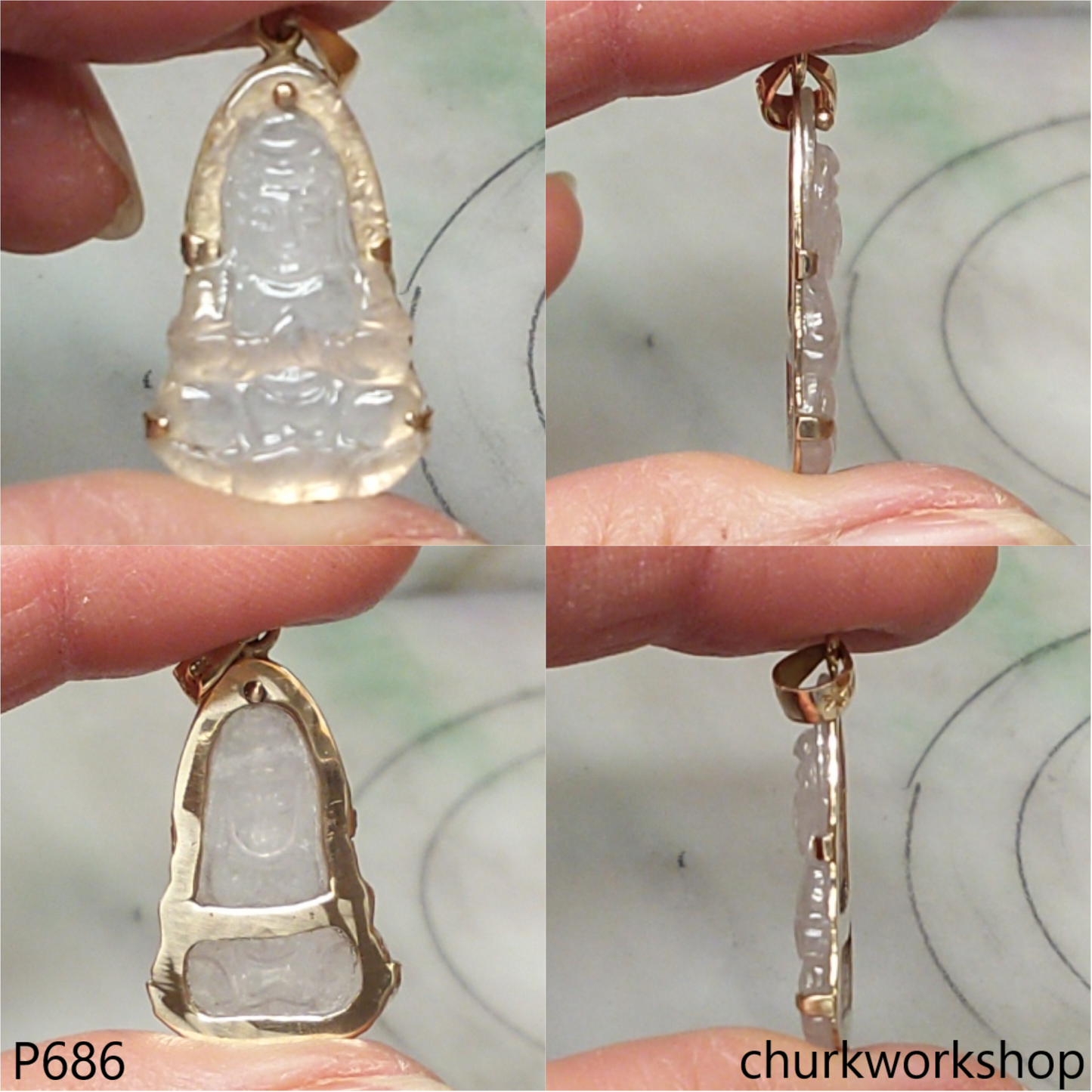 Icy jade lady Buddha set with14K yellow gold