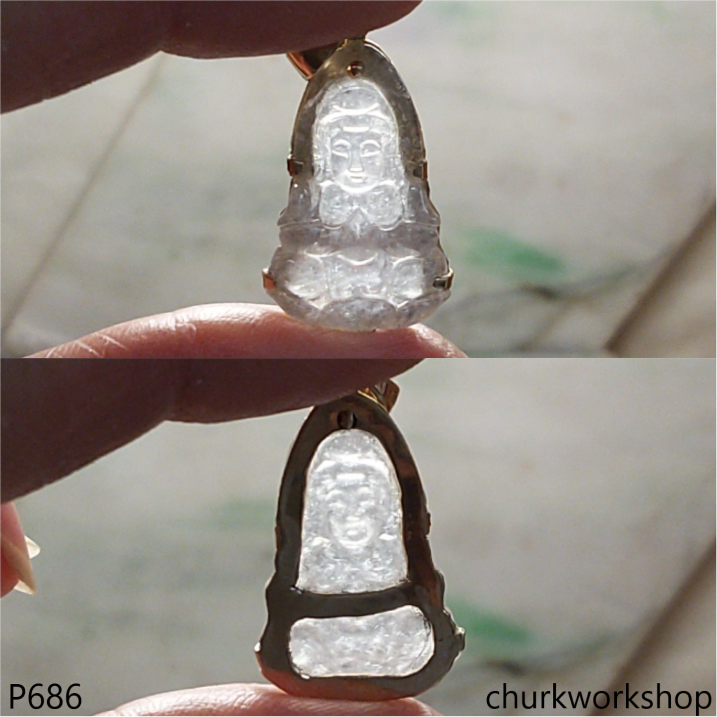 Icy jade lady Buddha set with14K yellow gold