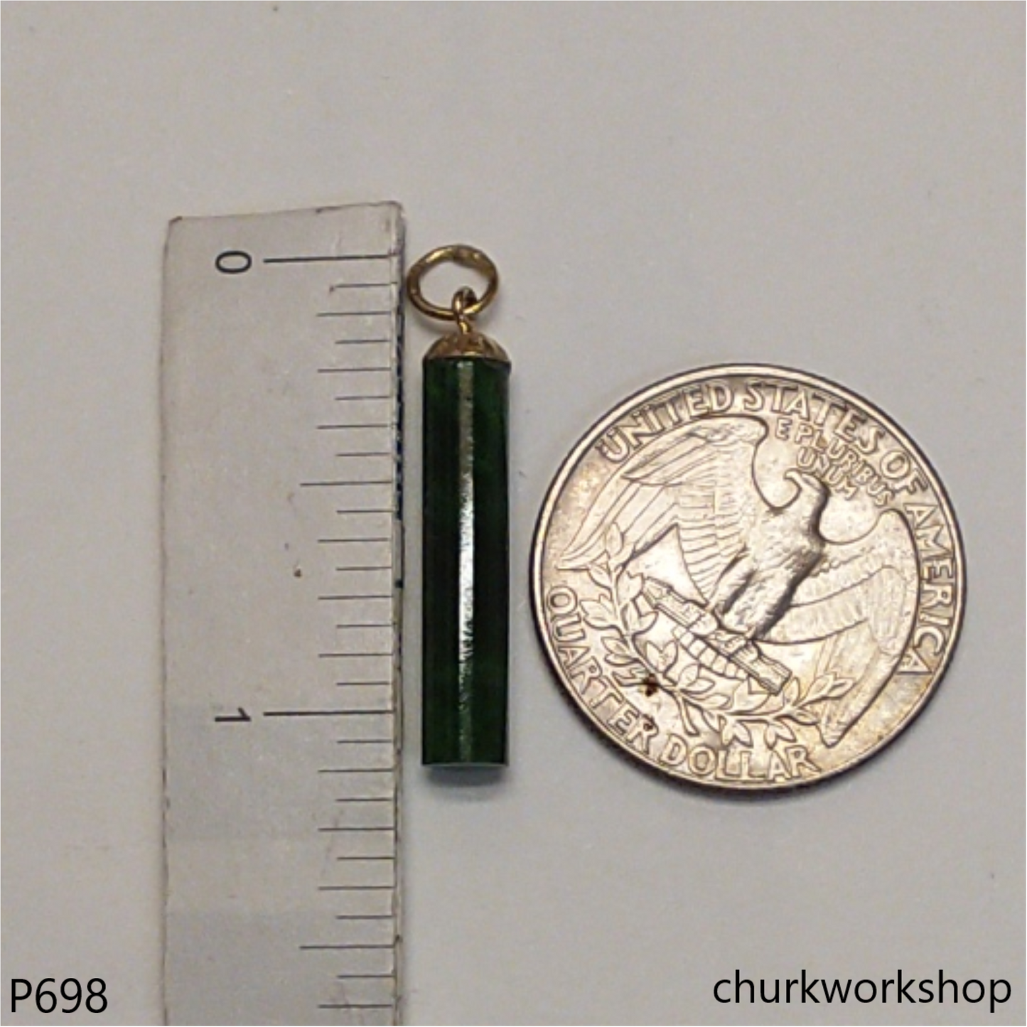 Dark green jade cylinder 14K yellow gold
