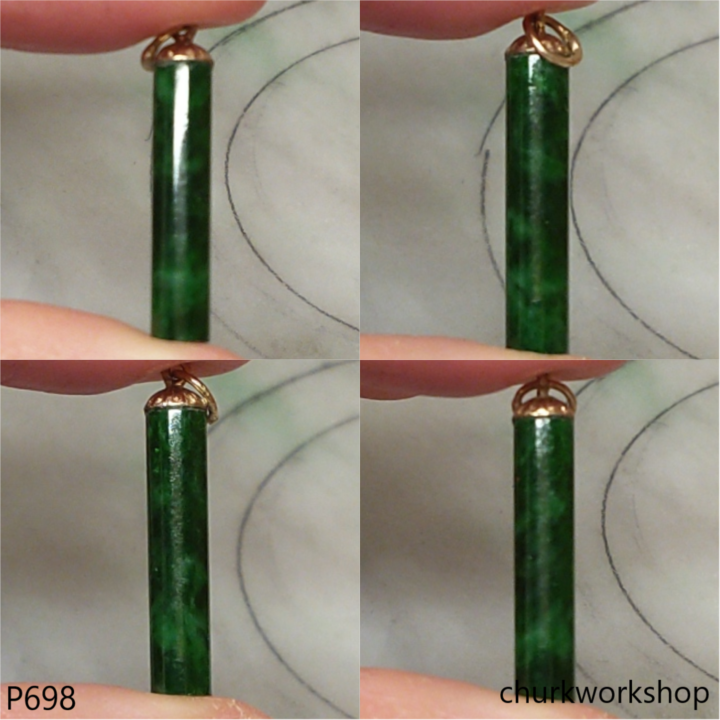 Dark green jade cylinder 14K yellow gold