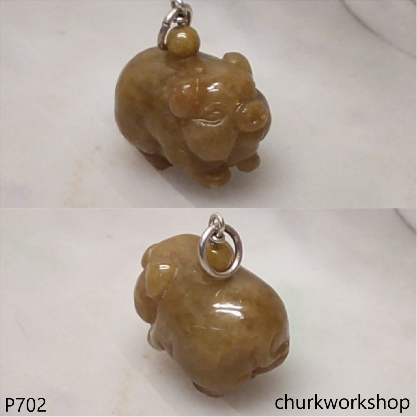 Red jade pig pendant with silver bail