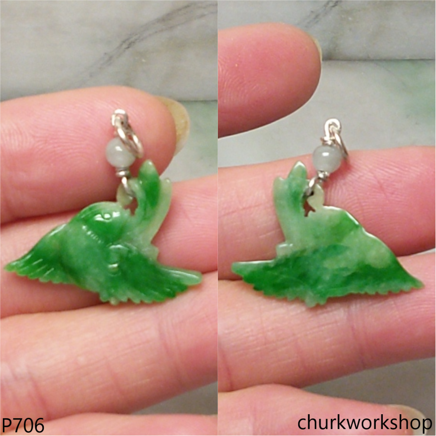 Apple green jade bird sterling silver pendant