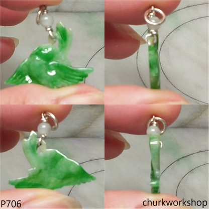 Apple green jade bird sterling silver pendant
