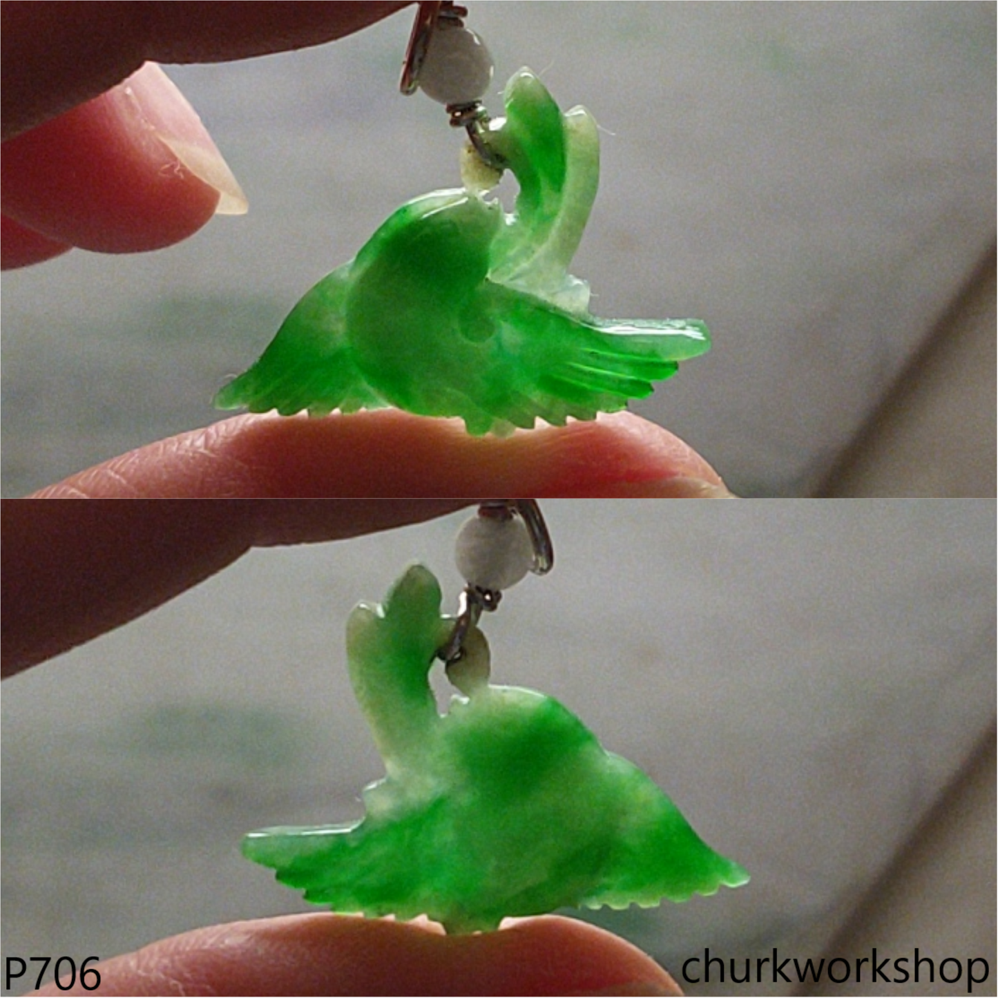 Apple green jade bird sterling silver pendant