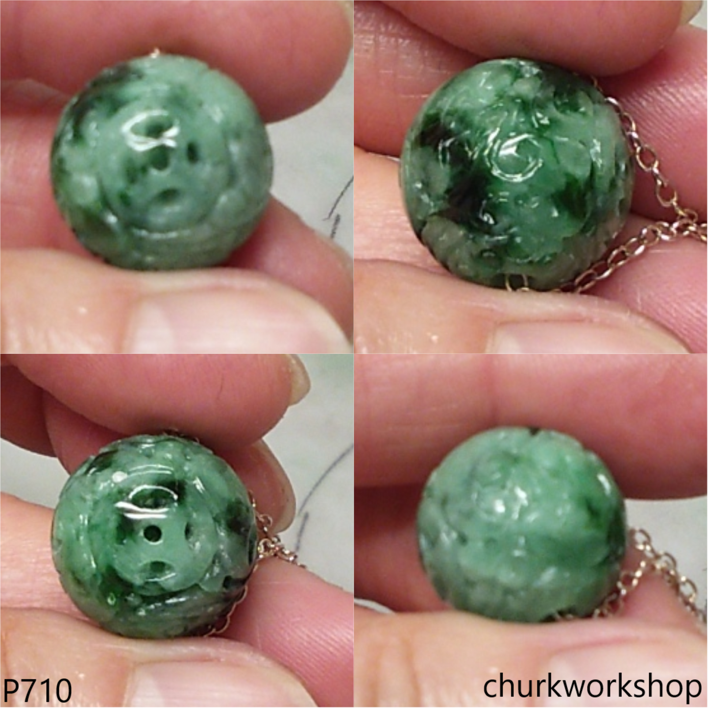 Carved green jade bead pendant