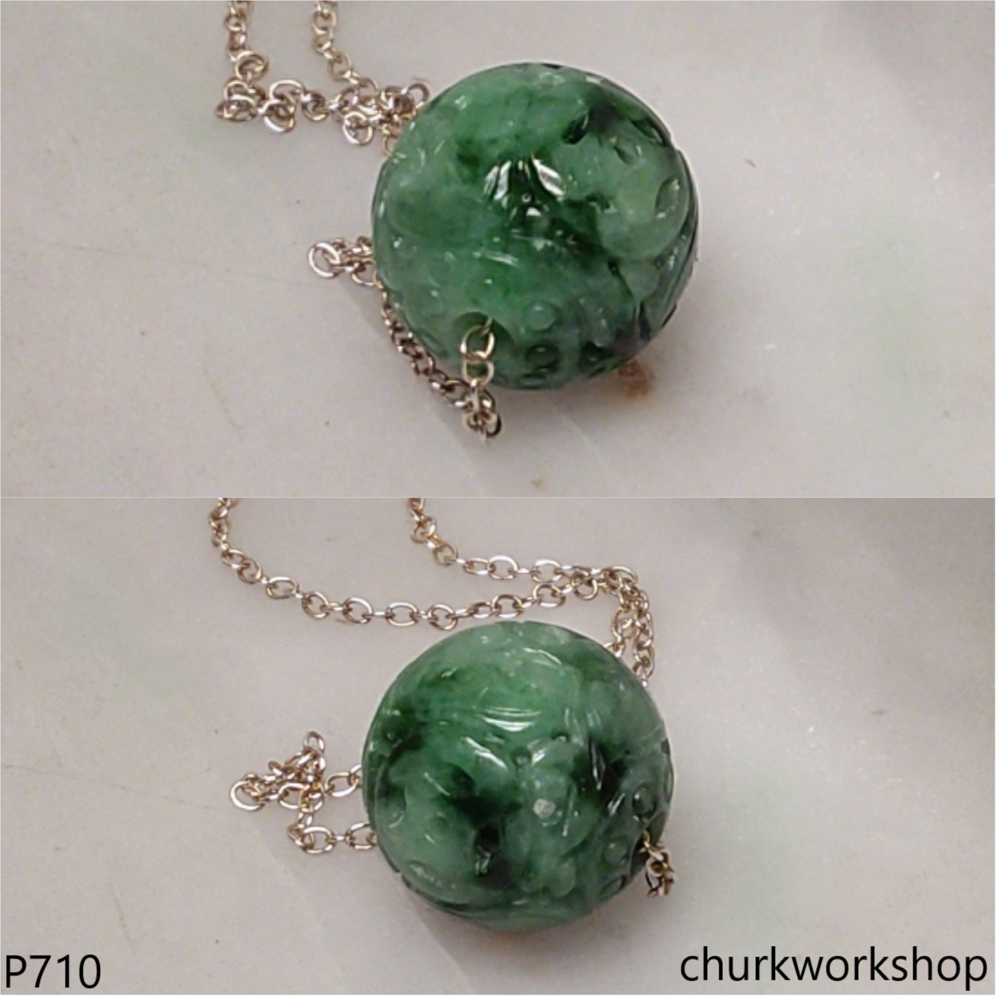 Carved green jade bead pendant