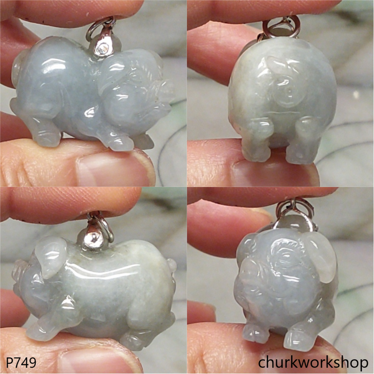 Grayish lavender jade pig with silver bail.