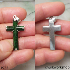 Sterling silver dark green jade cross pendant
