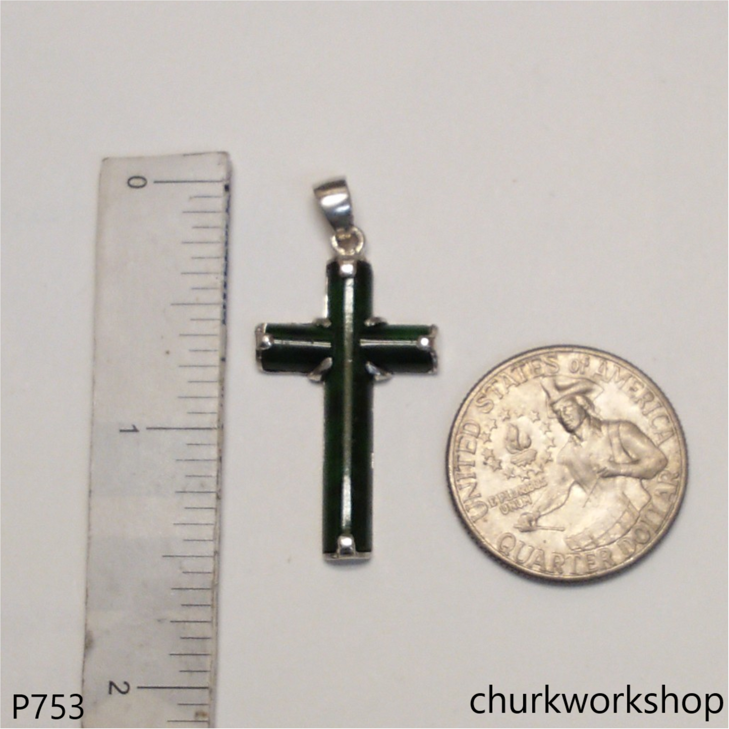 Sterling silver dark green jade cross pendant