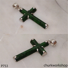 Sterling silver dark green jade cross pendant