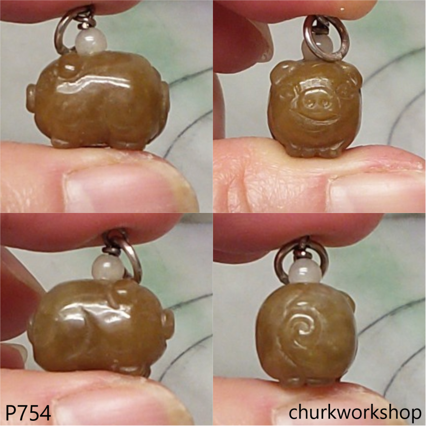 Red jade pig pendant with silver bail