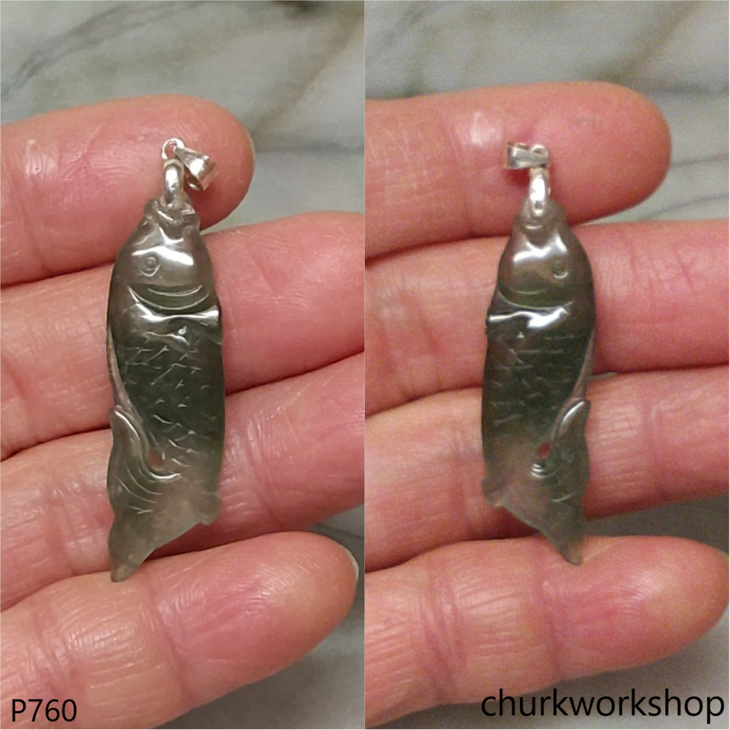 Bluish green jade fish pendant