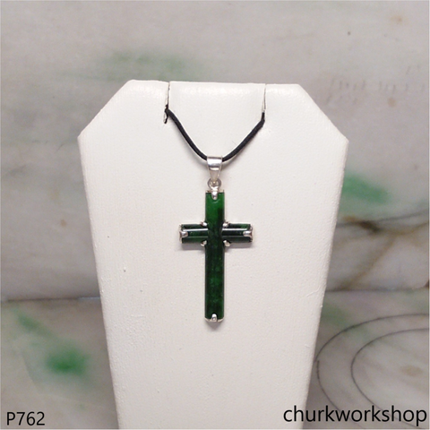 Sterling silver dark green jade cross pendant