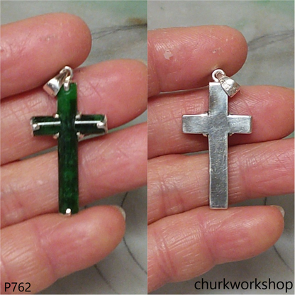 Sterling silver dark green jade cross pendant