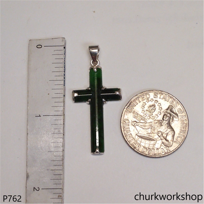 Sterling silver dark green jade cross pendant