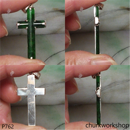Sterling silver dark green jade cross pendant
