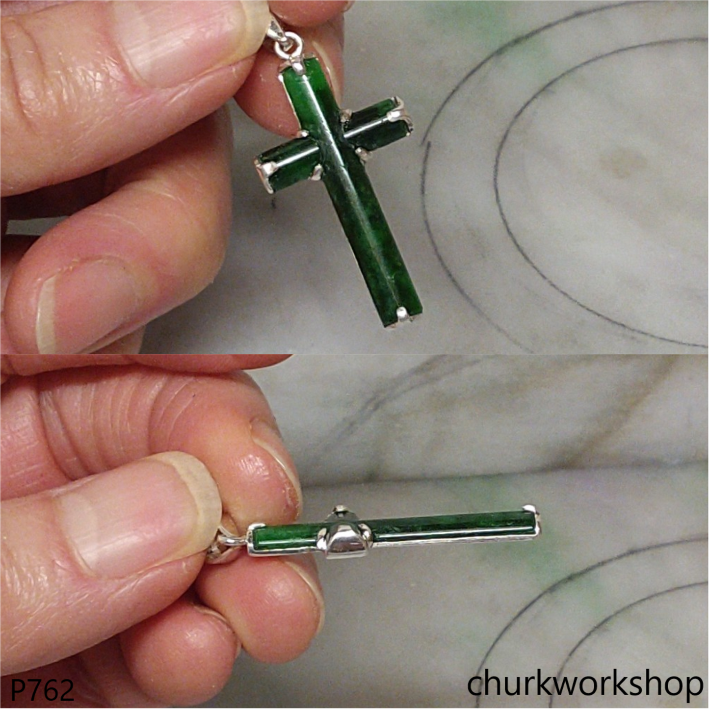 Sterling silver dark green jade cross pendant