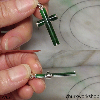 Sterling silver dark green jade cross pendant