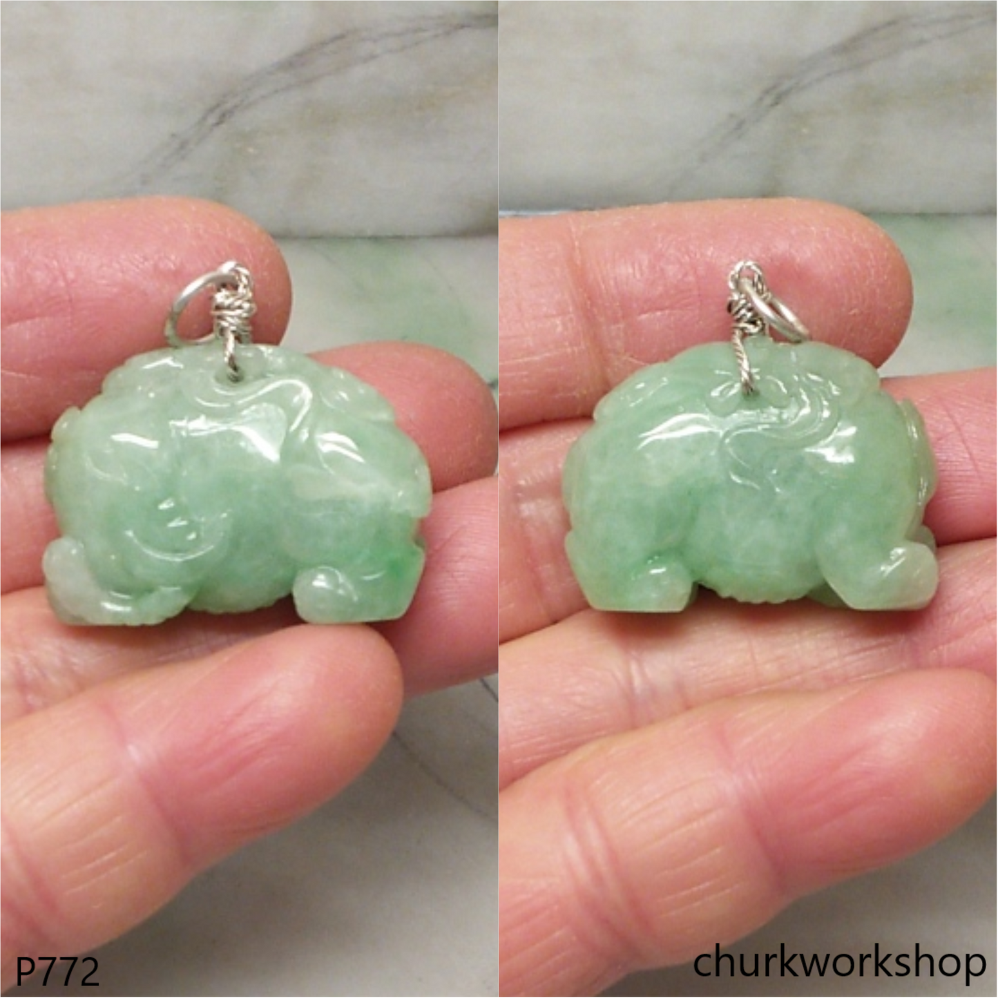 Green jade elephant pendant with silver bail