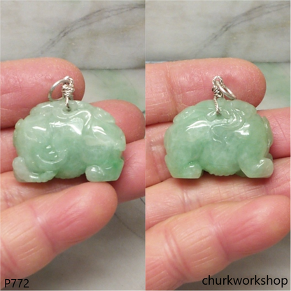Green jade elephant pendant with silver bail