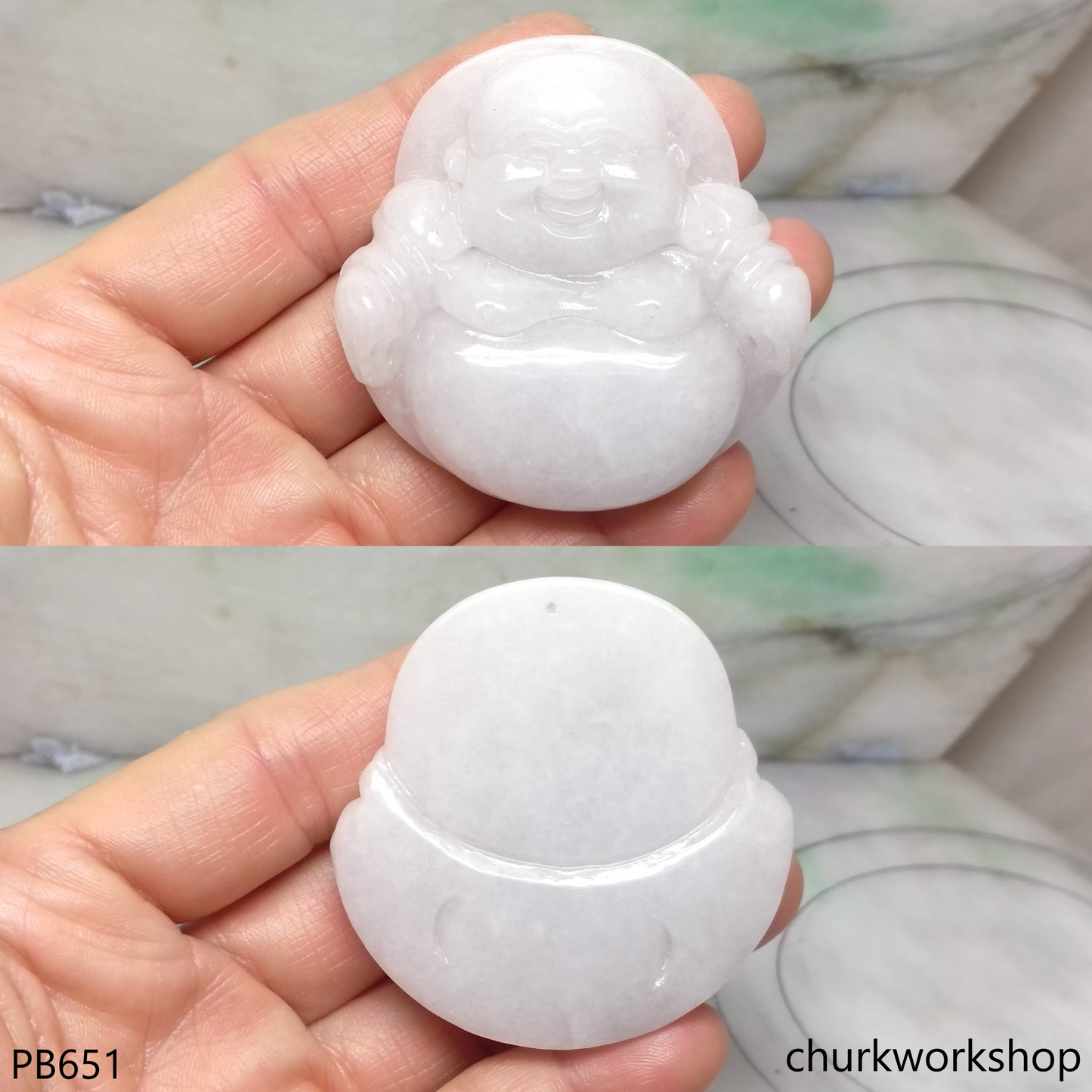 Large pale lavender jade happy Buddha pendant