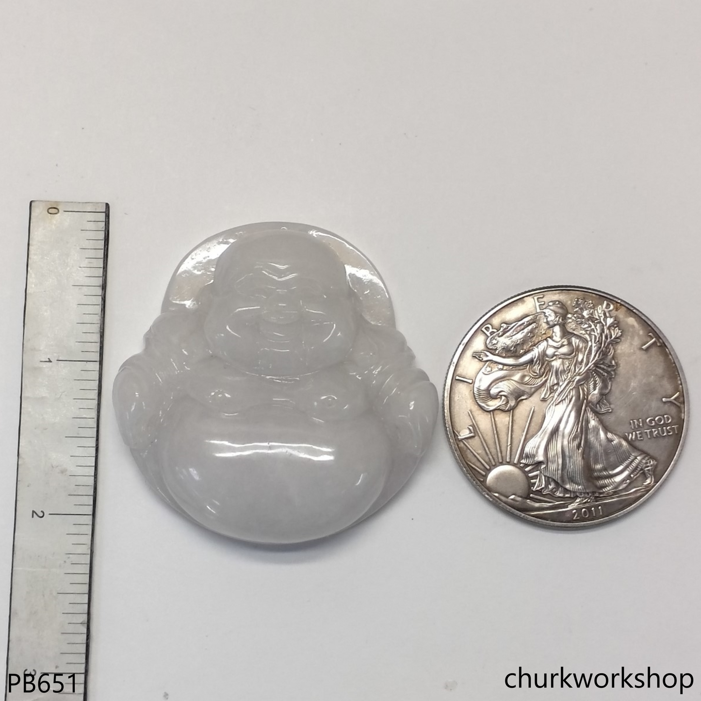 Large pale lavender jade happy Buddha pendant