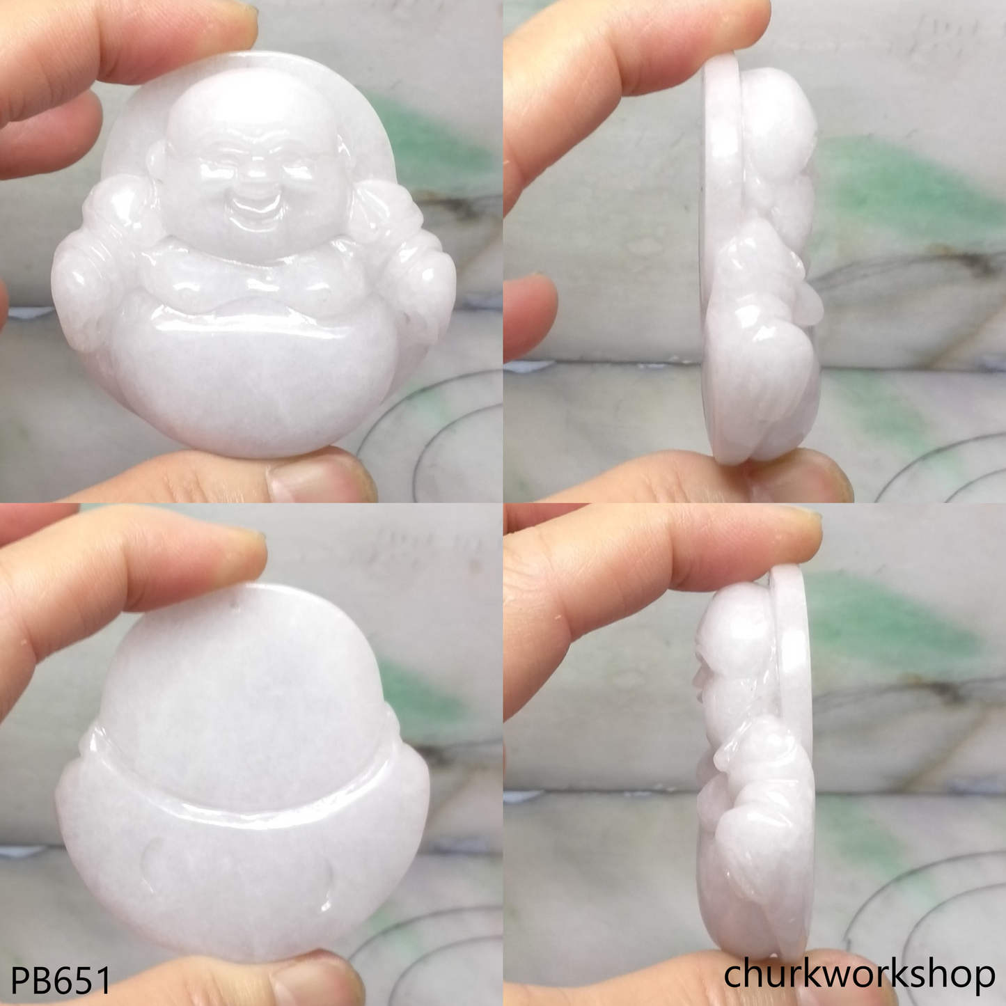 Large pale lavender jade happy Buddha pendant
