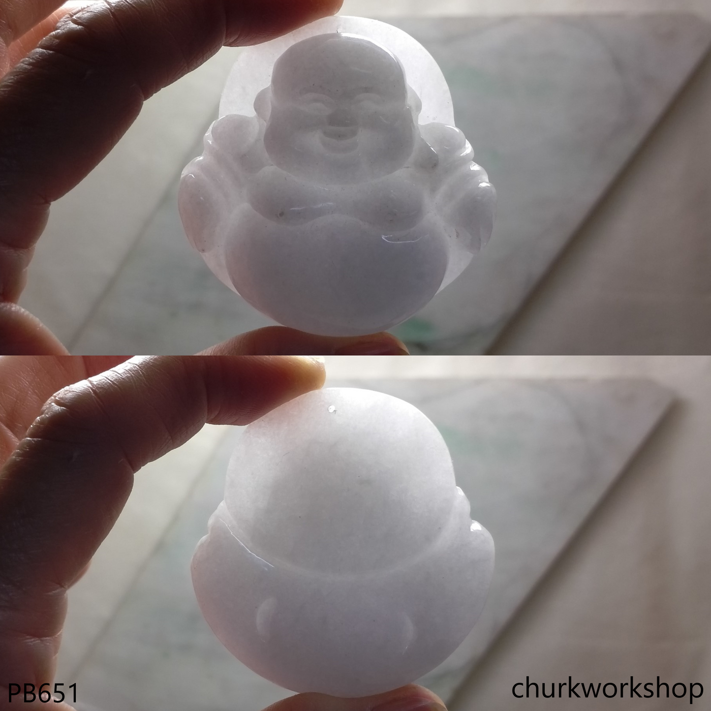 Large pale lavender jade happy Buddha pendant
