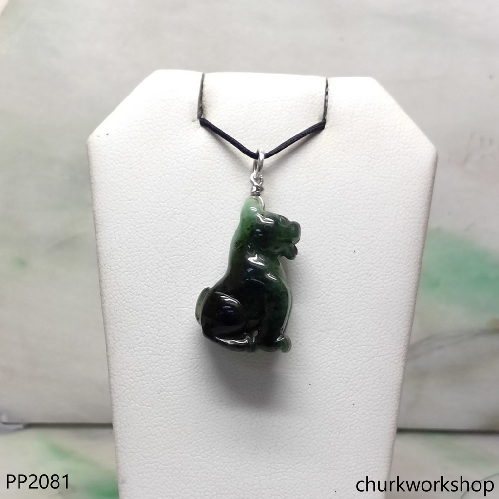 Green jade dog pendant with silver bail