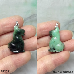 Green jade dog pendant with silver bail