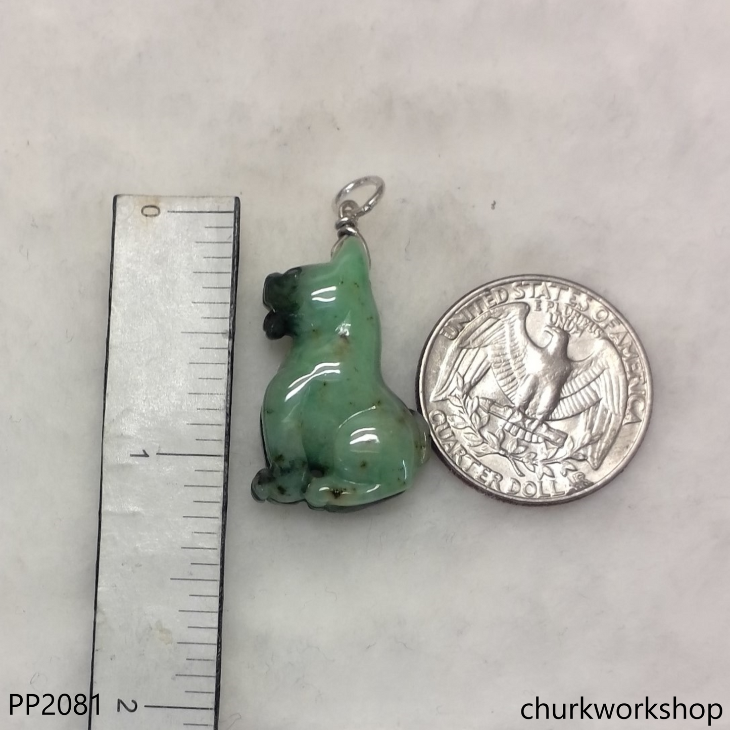 Green jade dog pendant with silver bail
