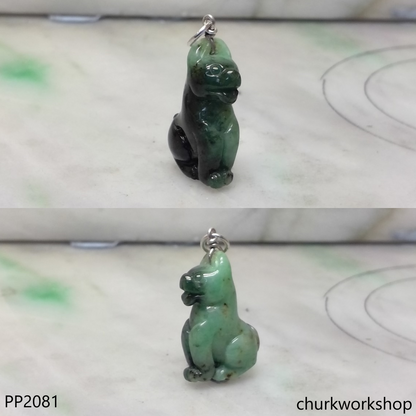 Green jade dog pendant with silver bail