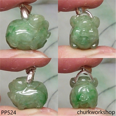 Green small jade pig pendant with silver bail