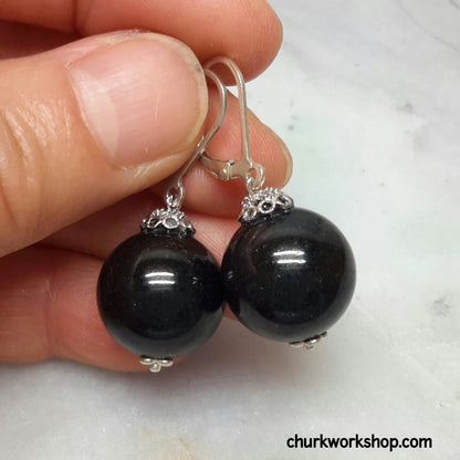 Black jade silver earrings