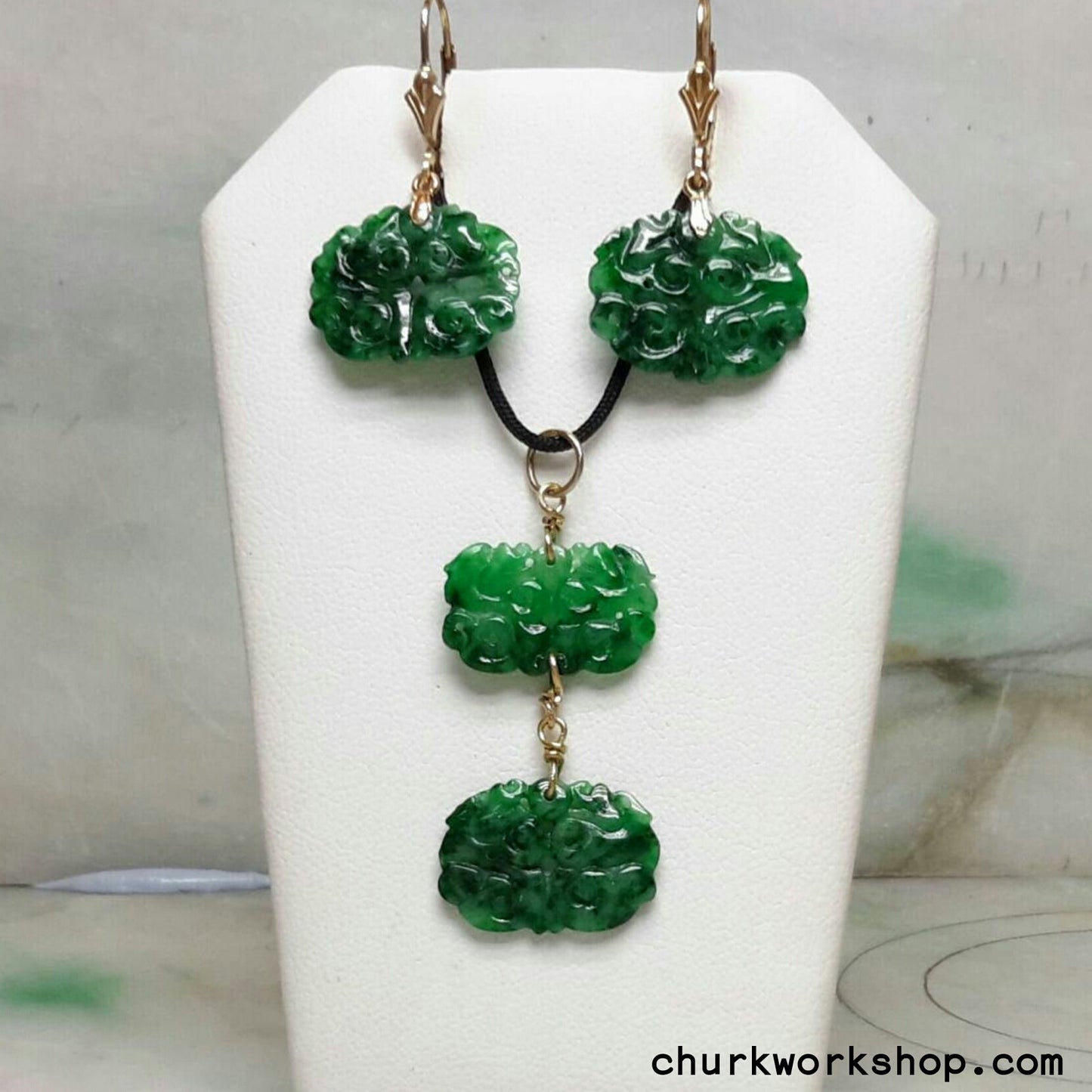 Green jade earring, pendant set 14k gold filled