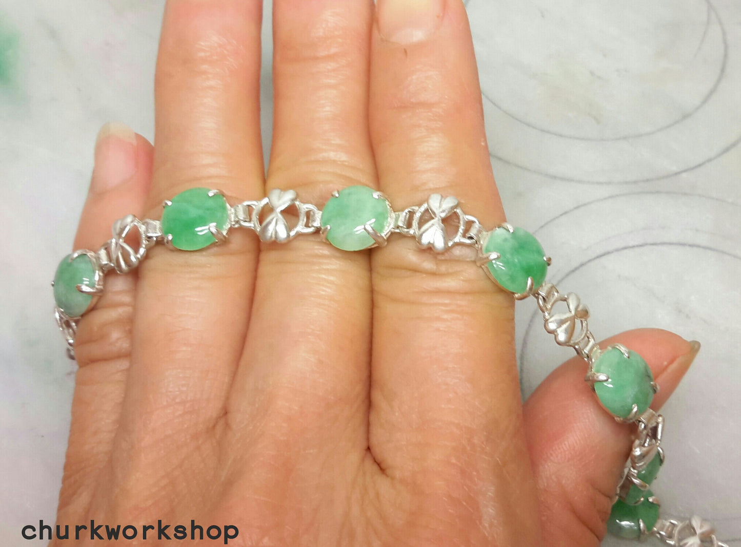 Green discs jade silver bracelet