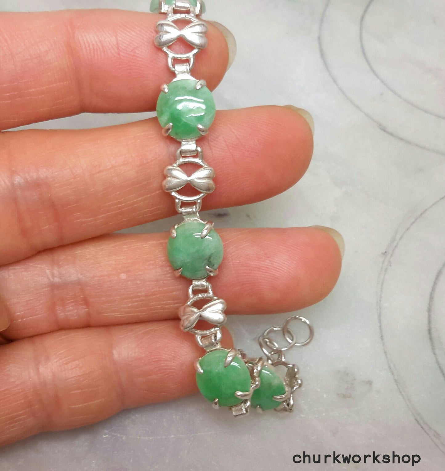 Green discs jade silver bracelet