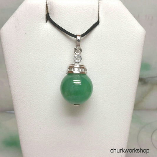 Green jade bead pendant 14k white gold with baguette diamond