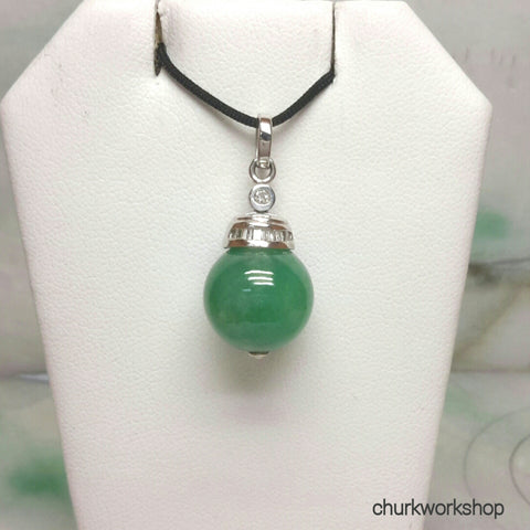Green jade bead pendant 14k white gold with baguette diamond