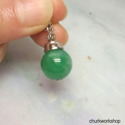 Green jade bead pendant 14k white gold with baguette diamond