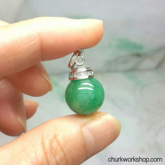 Green jade bead pendant 14k white gold with baguette diamond