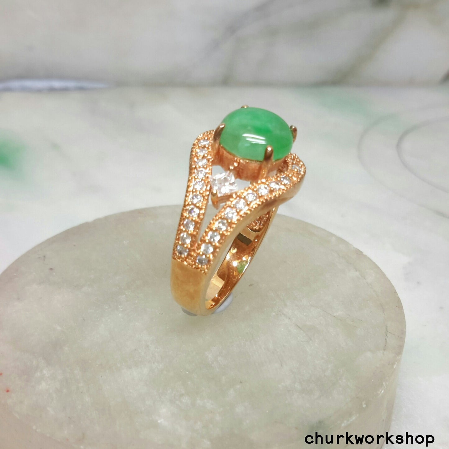 Green jade ring silver plate with rose gold color