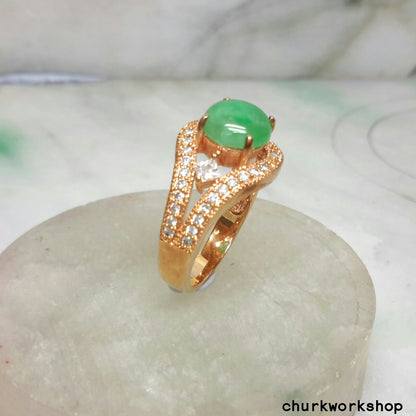 Green jade ring silver plate with rose gold color